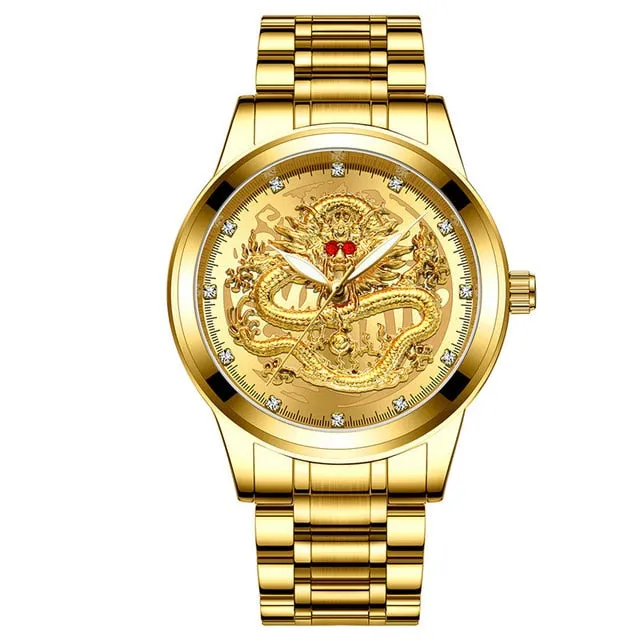 FNGEEN Men Golden Luxury Waterproof Full Steel Quartz Dragon Watches