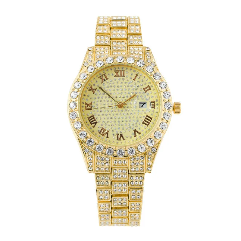 Full Diamond Men's Watch Large Dial Inlaid Diamond British Watch Fashion Steel Band