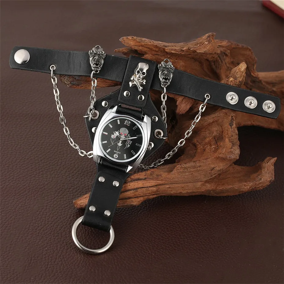 Gailis Punk Unisex Wrist Watch Black Leather Chains 3 Strap Quartz Gothic Skull Timepiece