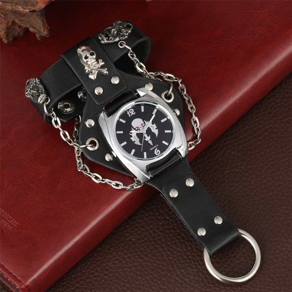 Gailis Punk Unisex Wrist Watch Black Leather Chains 3 Strap Quartz Gothic Skull Timepiece