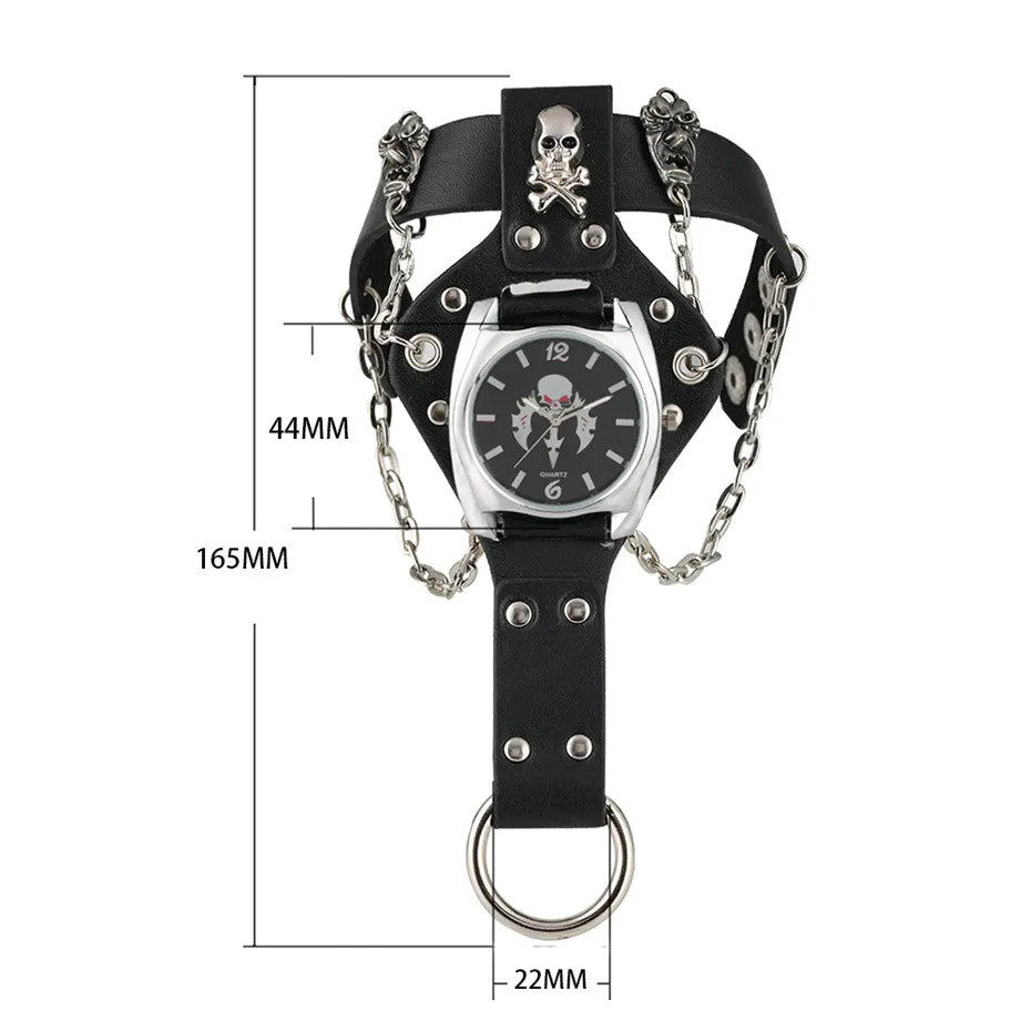 Gailis Punk Unisex Wrist Watch Black Leather Chains 3 Strap Quartz Gothic Skull Timepiece