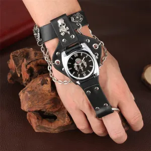 Gailis Punk Unisex Wrist Watch Black Leather Chains 3 Strap Quartz Gothic Skull Timepiece