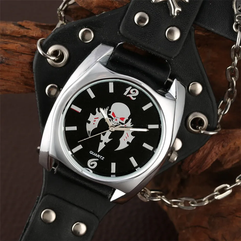 Gailis Punk Unisex Wrist Watch Black Leather Chains 3 Strap Quartz Gothic Skull Timepiece