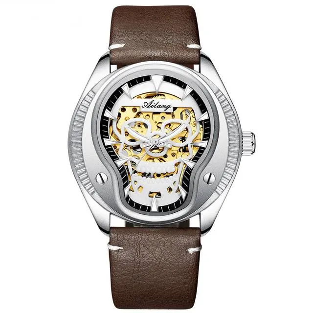 Gold Silver Skull Head Skeleton Mechanical Men Watch