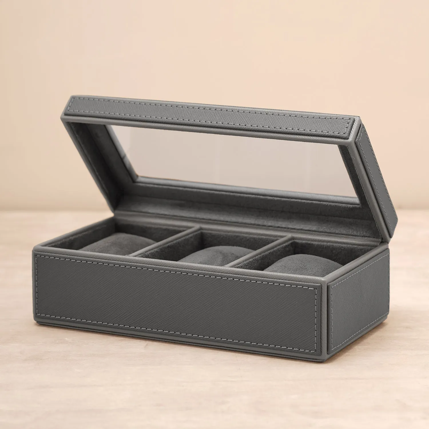 Grey 3 Compartment Faux Leather Watch Box
