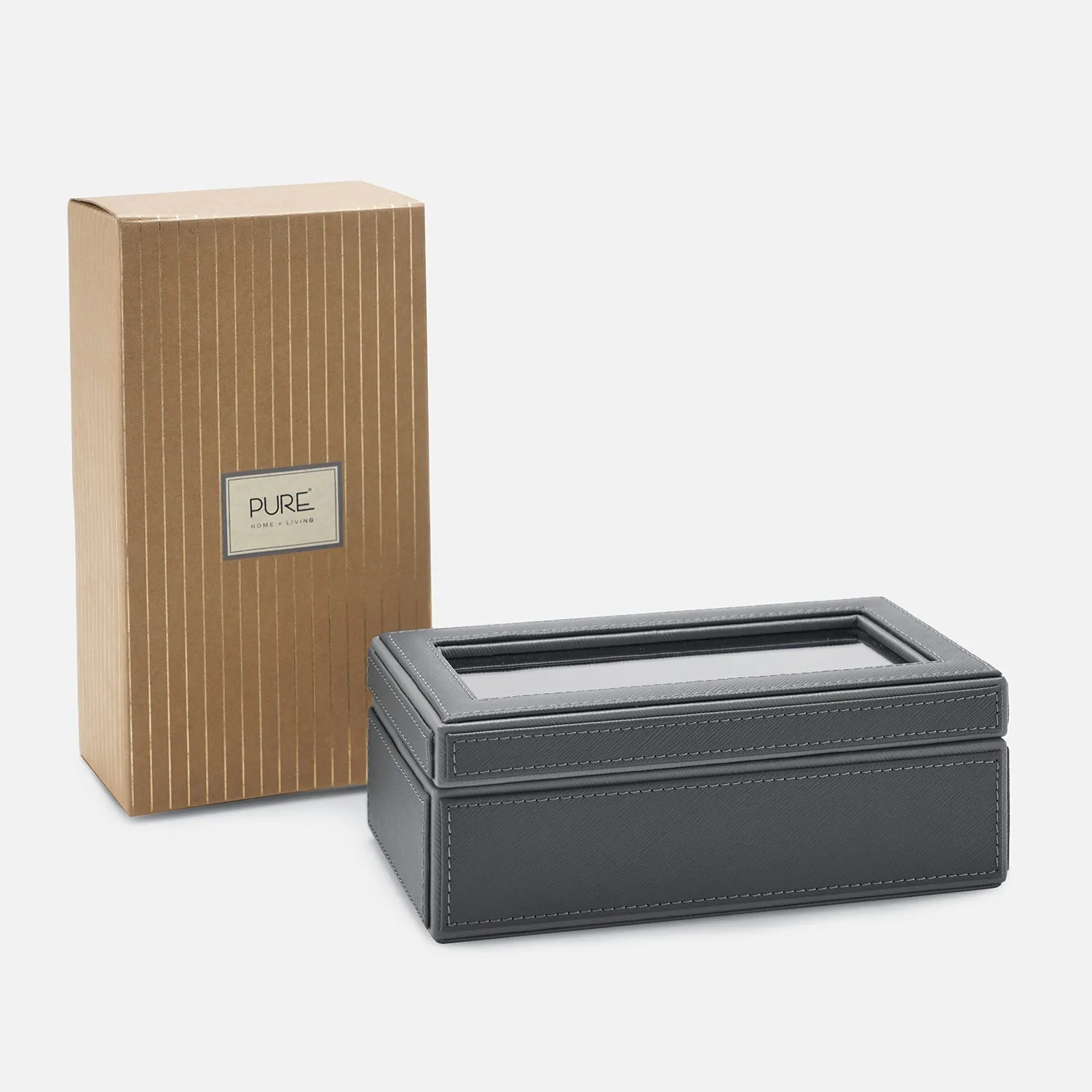 Grey 3 Compartment Faux Leather Watch Box