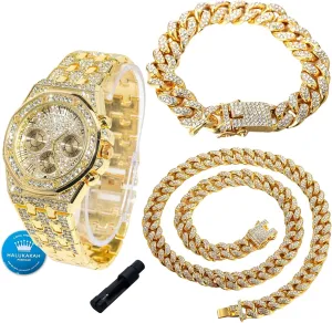 Halukakah Diamonds Gold Watch Iced Out for Boy Teens Kids - 18K Real Gold/Platinum Plated,40mm Roman Numerals Octagonal Dial,Japanese Quartz - 8" Length,with Watch Adjuster Tool -for Birthday,Parties