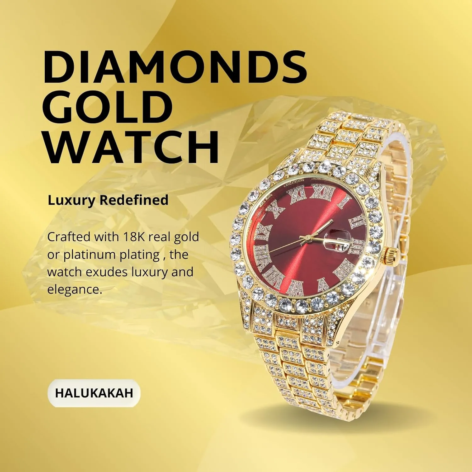 Halukakah Diamonds Gold Watch Iced Out for Boy Teens Kids - 18K Real Gold/Platinum Plated,42mm Blue/Green/Red Dial,Japanese Quartz - 8" Length - Optional with Cuban Link Chain,with Watch Adjuster Tool