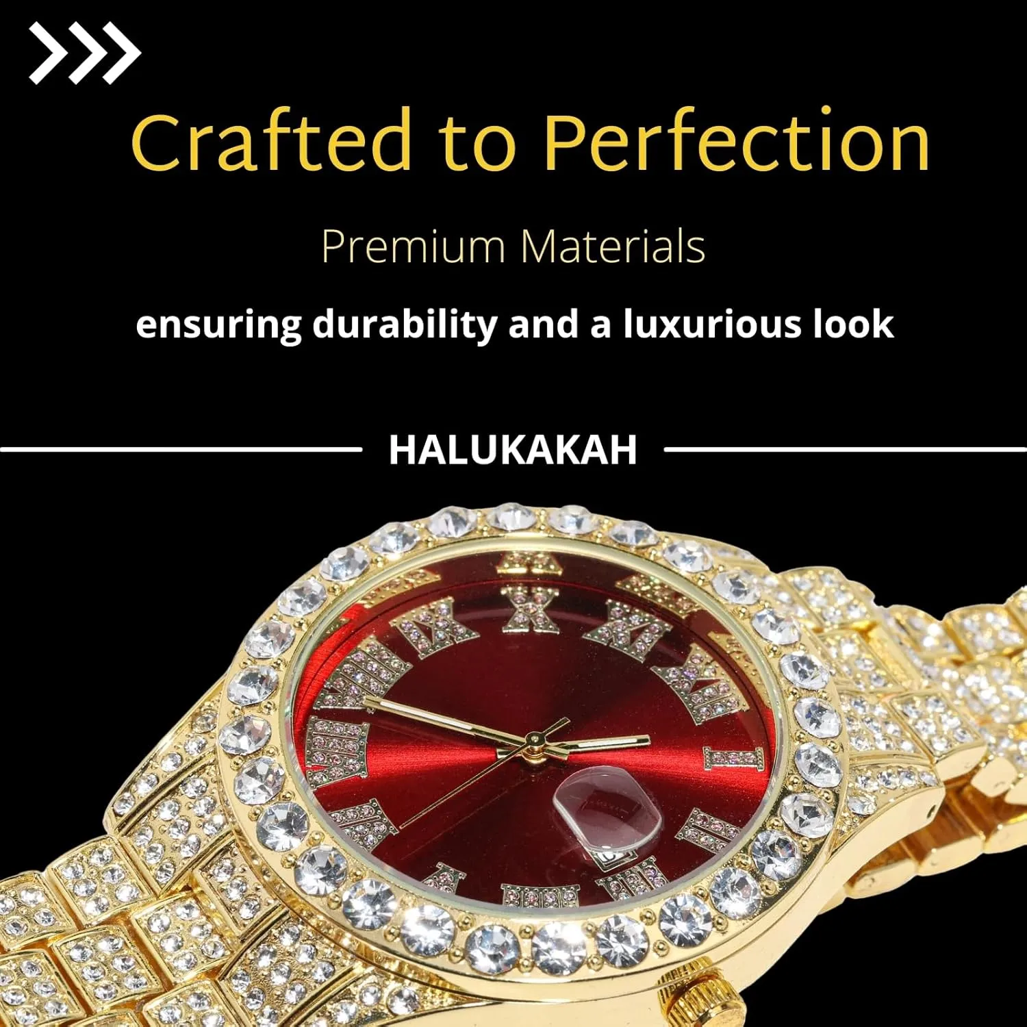 Halukakah Diamonds Gold Watch Iced Out for Boy Teens Kids - 18K Real Gold/Platinum Plated,42mm Blue/Green/Red Dial,Japanese Quartz - 8" Length - Optional with Cuban Link Chain,with Watch Adjuster Tool