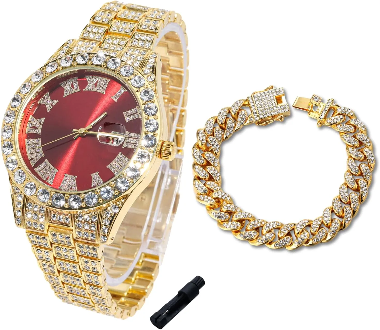 Halukakah Diamonds Gold Watch Iced Out for Boy Teens Kids - 18K Real Gold/Platinum Plated,42mm Blue/Green/Red Dial,Japanese Quartz - 8" Length - Optional with Cuban Link Chain,with Watch Adjuster Tool