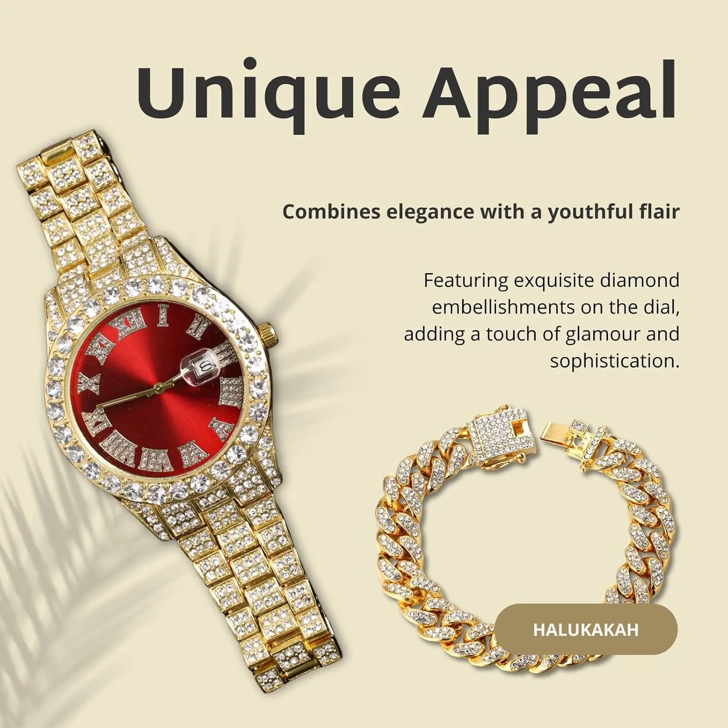 Halukakah Diamonds Gold Watch Iced Out for Boy Teens Kids - 18K Real Gold/Platinum Plated,42mm Blue/Green/Red Dial,Japanese Quartz - 8" Length - Optional with Cuban Link Chain,with Watch Adjuster Tool
