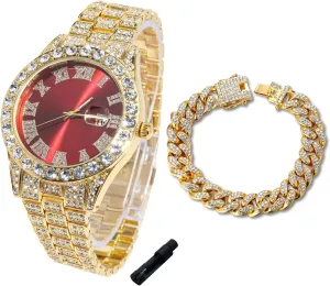 Halukakah Diamonds Gold Watch Iced Out for Boy Teens Kids - 18K Real Gold/Platinum Plated,42mm Blue/Green/Red Dial,Japanese Quartz - 8" Length - Optional with Cuban Link Chain,with Watch Adjuster Tool