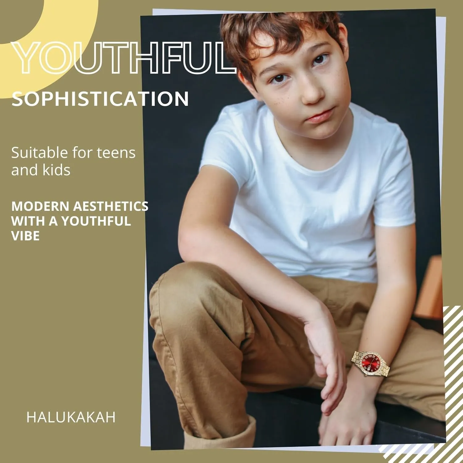 Halukakah Diamonds Gold Watch Iced Out for Boy Teens Kids - 18K Real Gold/Platinum Plated,42mm Blue/Green/Red Dial,Japanese Quartz - 8" Length - Optional with Cuban Link Chain,with Watch Adjuster Tool