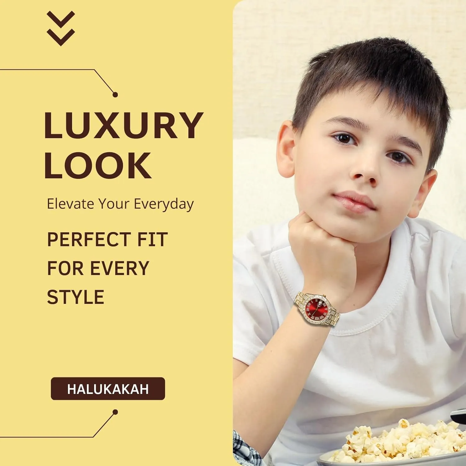 Halukakah Diamonds Gold Watch Iced Out for Boy Teens Kids - 18K Real Gold/Platinum Plated,42mm Blue/Green/Red Dial,Japanese Quartz - 8" Length - Optional with Cuban Link Chain,with Watch Adjuster Tool