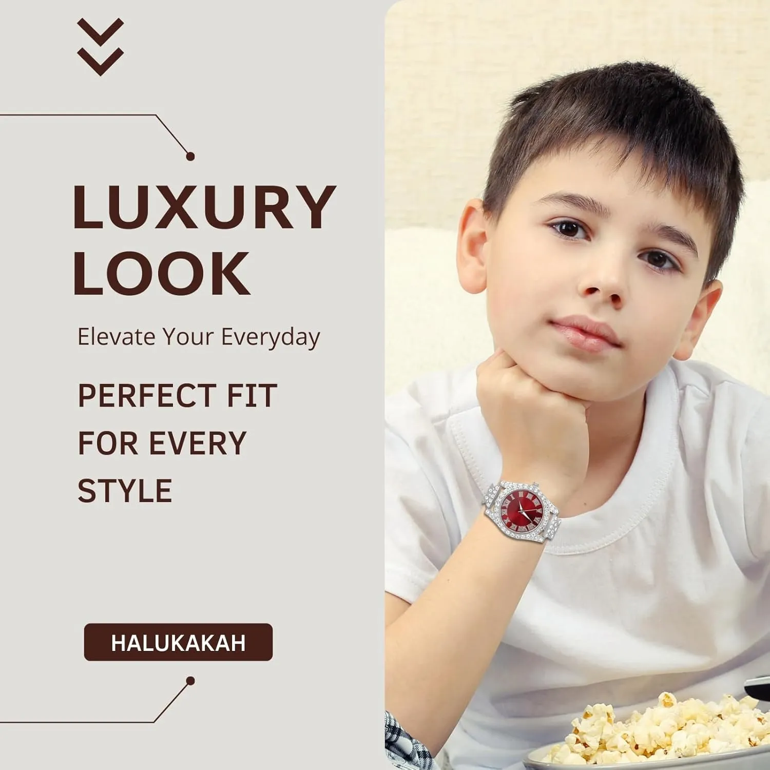 Halukakah Diamonds Watch Iced Out for Boy Teens - 18K Real Gold/Platinum Plated - 36mm Green/Blue/Red Dial - 8" Length - Optional with Cuban Link Chain, with Watch Adjuster Tool - Goldfoil Giftbox