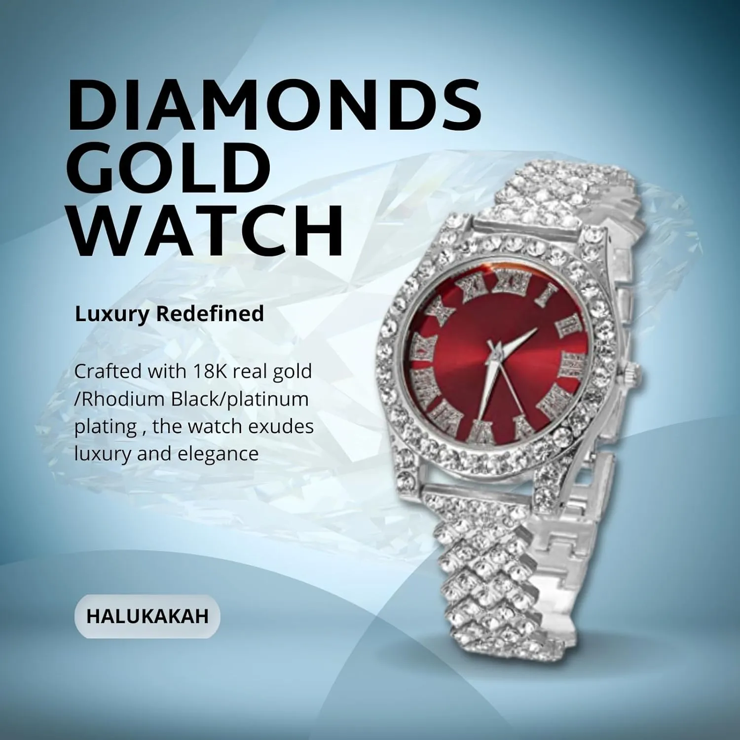 Halukakah Diamonds Watch Iced Out for Boy Teens - 18K Real Gold/Platinum Plated - 36mm Green/Blue/Red Dial - 8" Length - Optional with Cuban Link Chain, with Watch Adjuster Tool - Goldfoil Giftbox