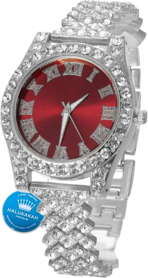 Halukakah Diamonds Watch Iced Out for Boy Teens - 18K Real Gold/Platinum Plated - 36mm Green/Blue/Red Dial - 8" Length - Optional with Cuban Link Chain, with Watch Adjuster Tool - Goldfoil Giftbox