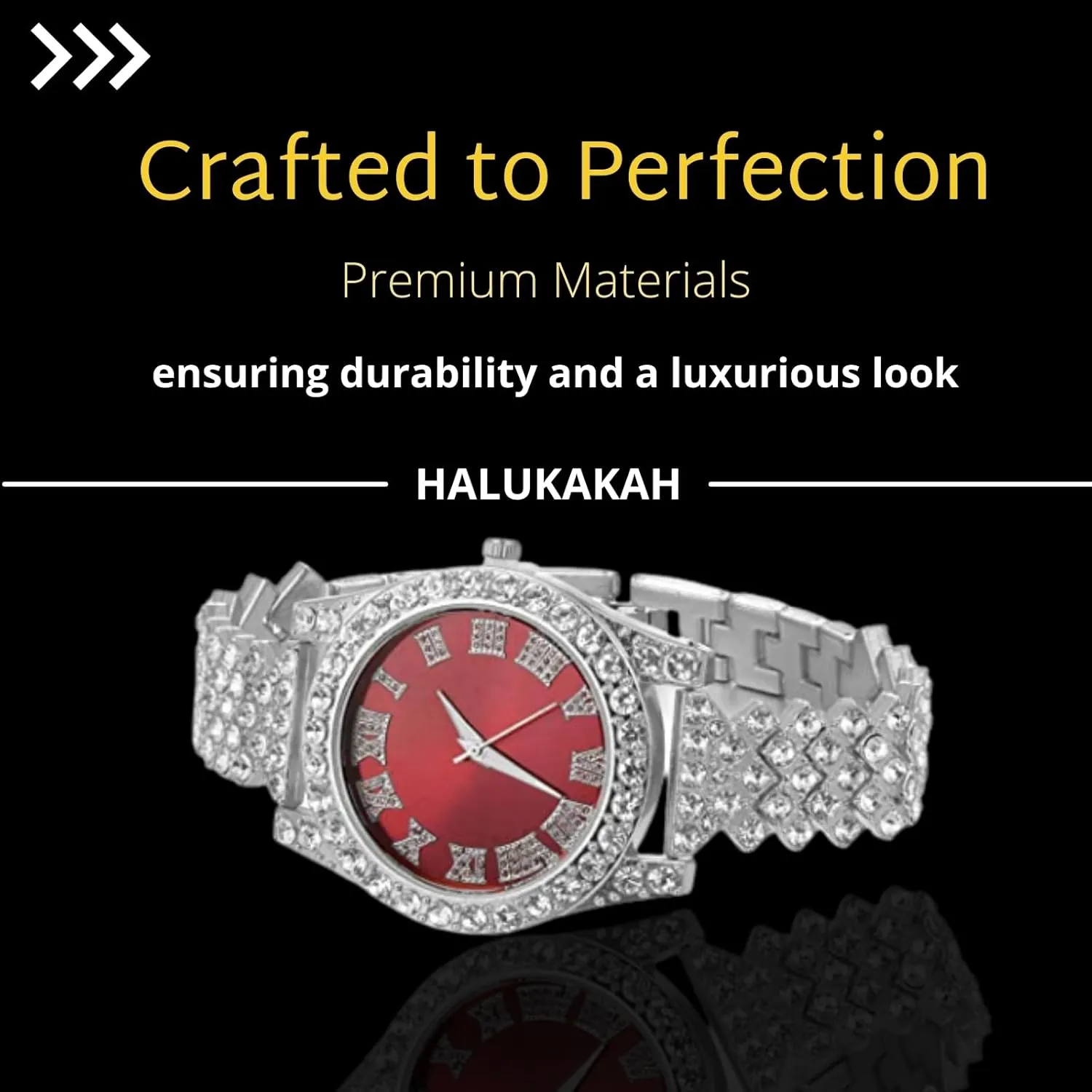 Halukakah Diamonds Watch Iced Out for Boy Teens - 18K Real Gold/Platinum Plated - 36mm Green/Blue/Red Dial - 8" Length - Optional with Cuban Link Chain, with Watch Adjuster Tool - Goldfoil Giftbox