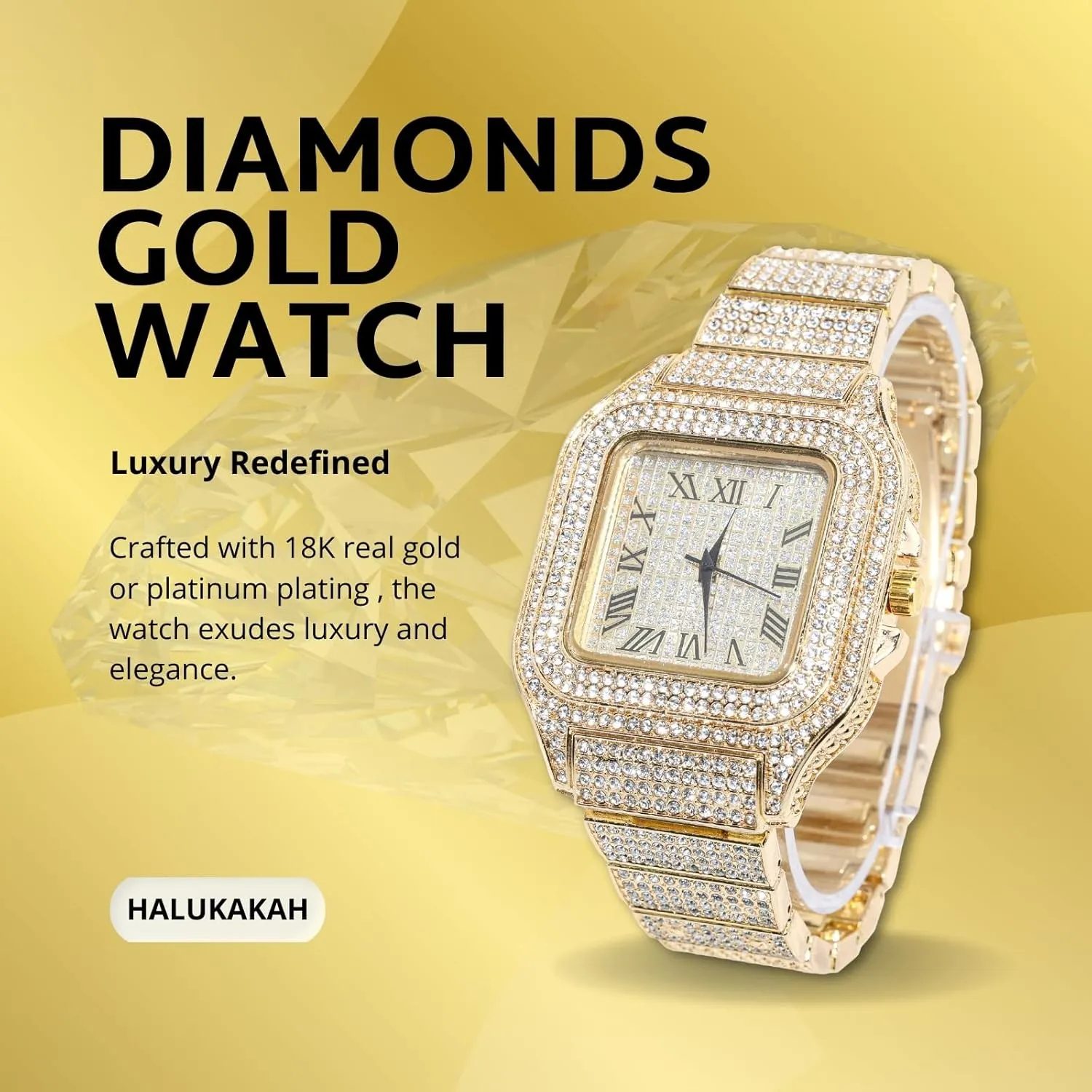 Halukakah Diamonds Watch Iced Out for Boy Teens Kids - 18K Real Gold/Platinum/Rhodium Black Plated,40mm Square Dial,Japanese Quartz - 8" Length - Optional with Cuban Link Chain,with Adjuster Tool