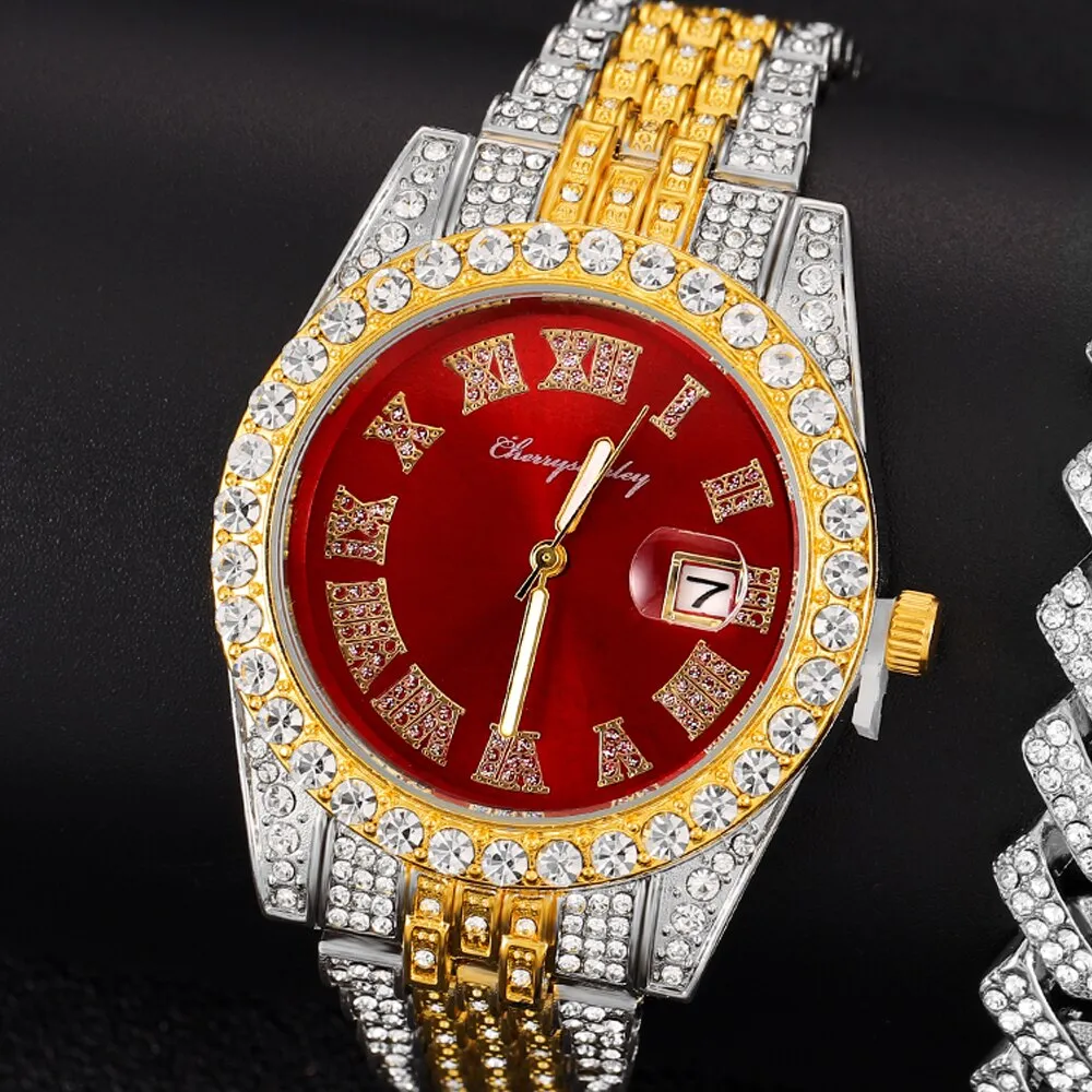 Hip Hop Iced Out Mens Watches Luxury Date Quartz Baguette Wrist Watches