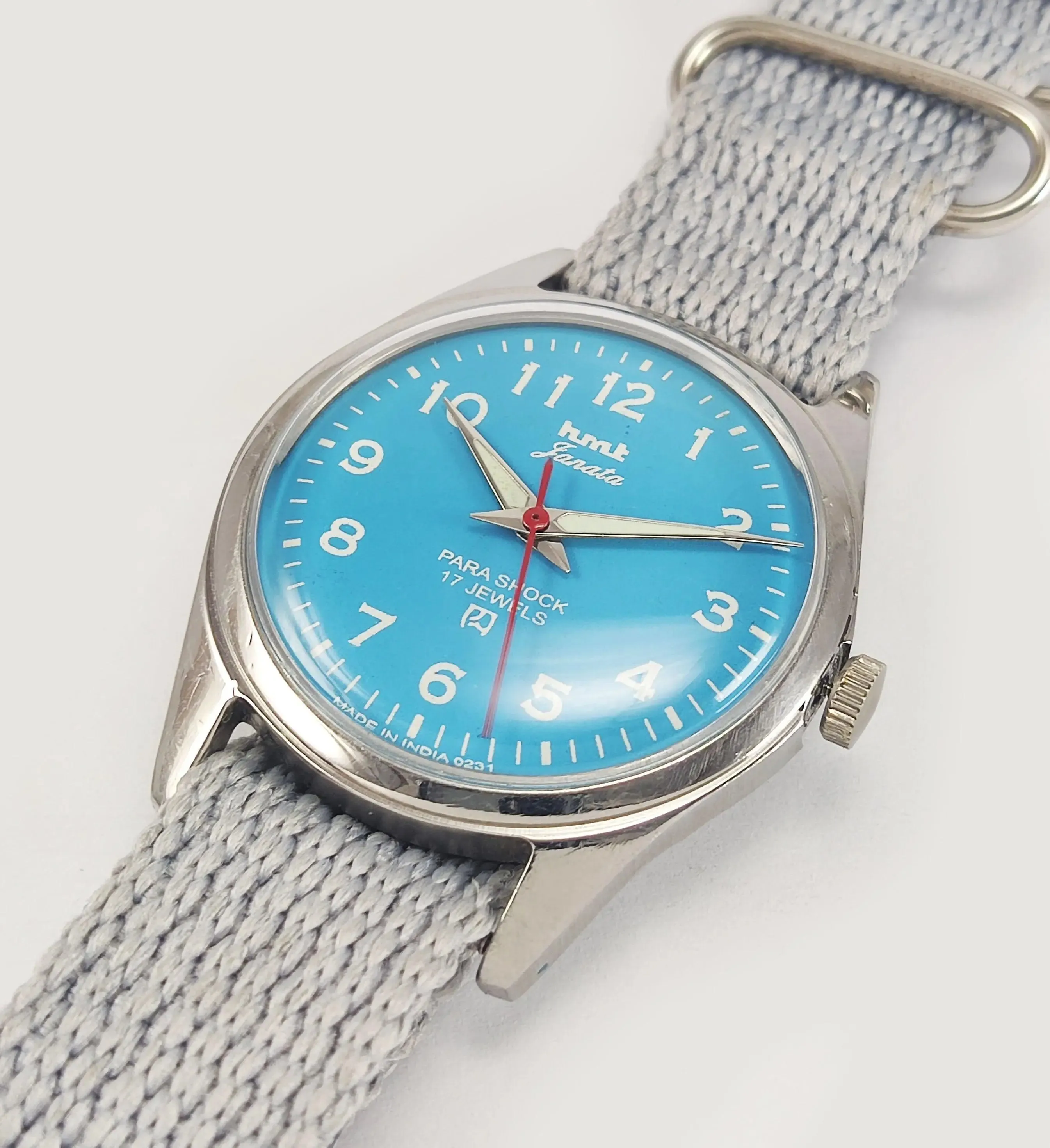HMT Janata Para Shock 17 Jewels Sky Blue Dial Radium Hands Mechanical Hand winding Men's Wrist Watch