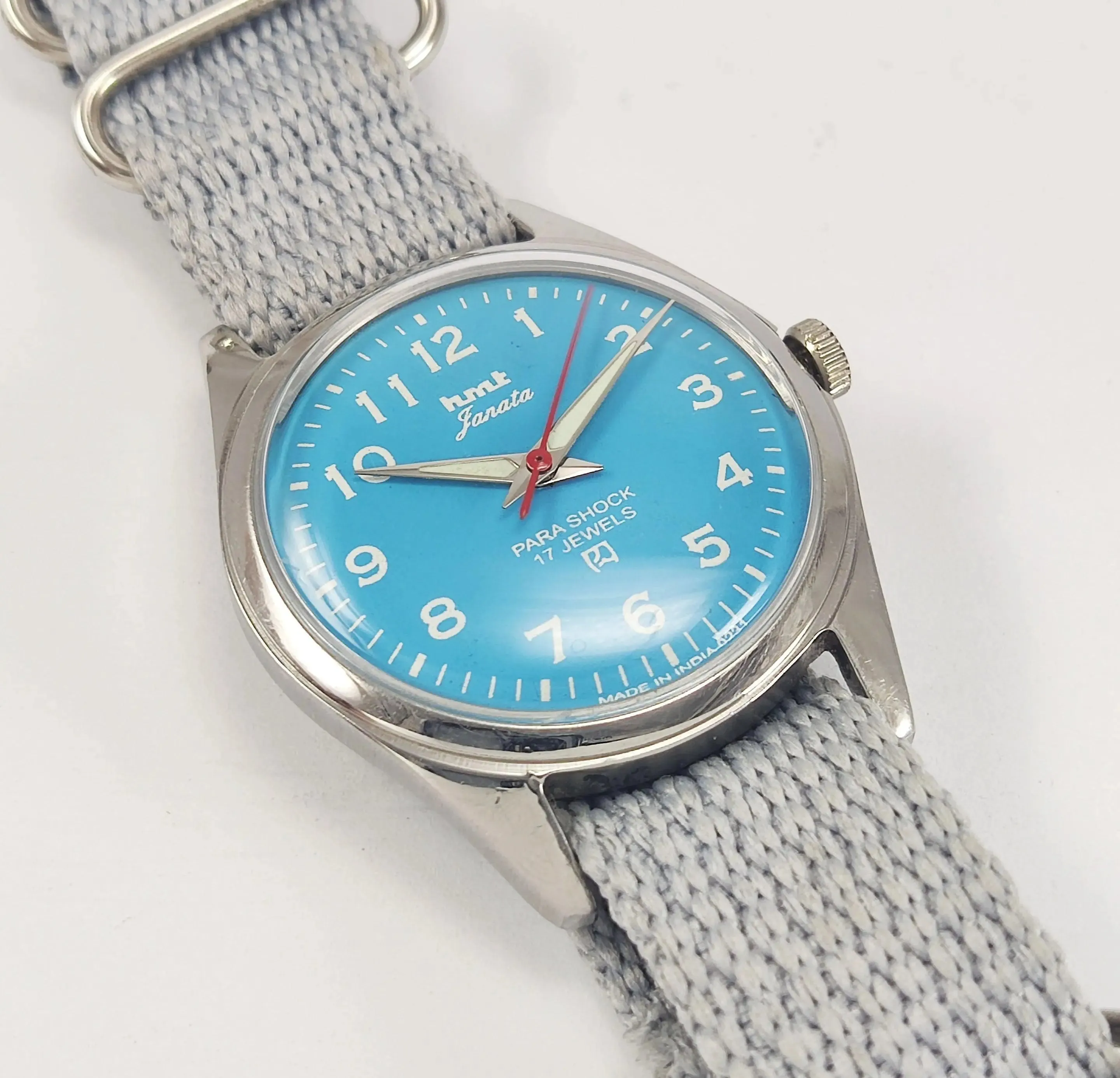 HMT Janata Para Shock 17 Jewels Sky Blue Dial Radium Hands Mechanical Hand winding Men's Wrist Watch