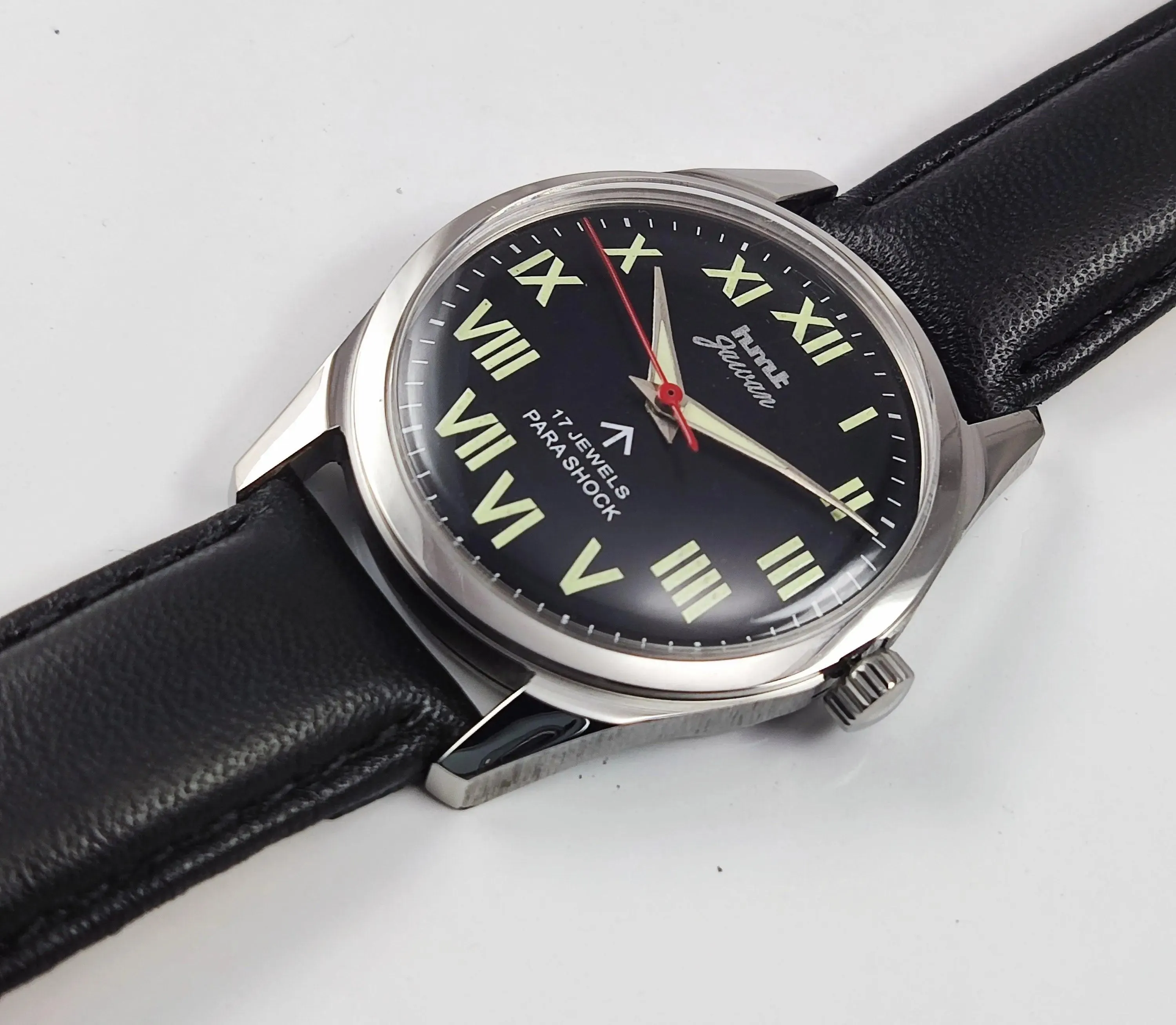 HMT Jawan Para Shock 17 Jewels Black Dial Transparent Back Mechanical Hand winding Men's Wrist Watch