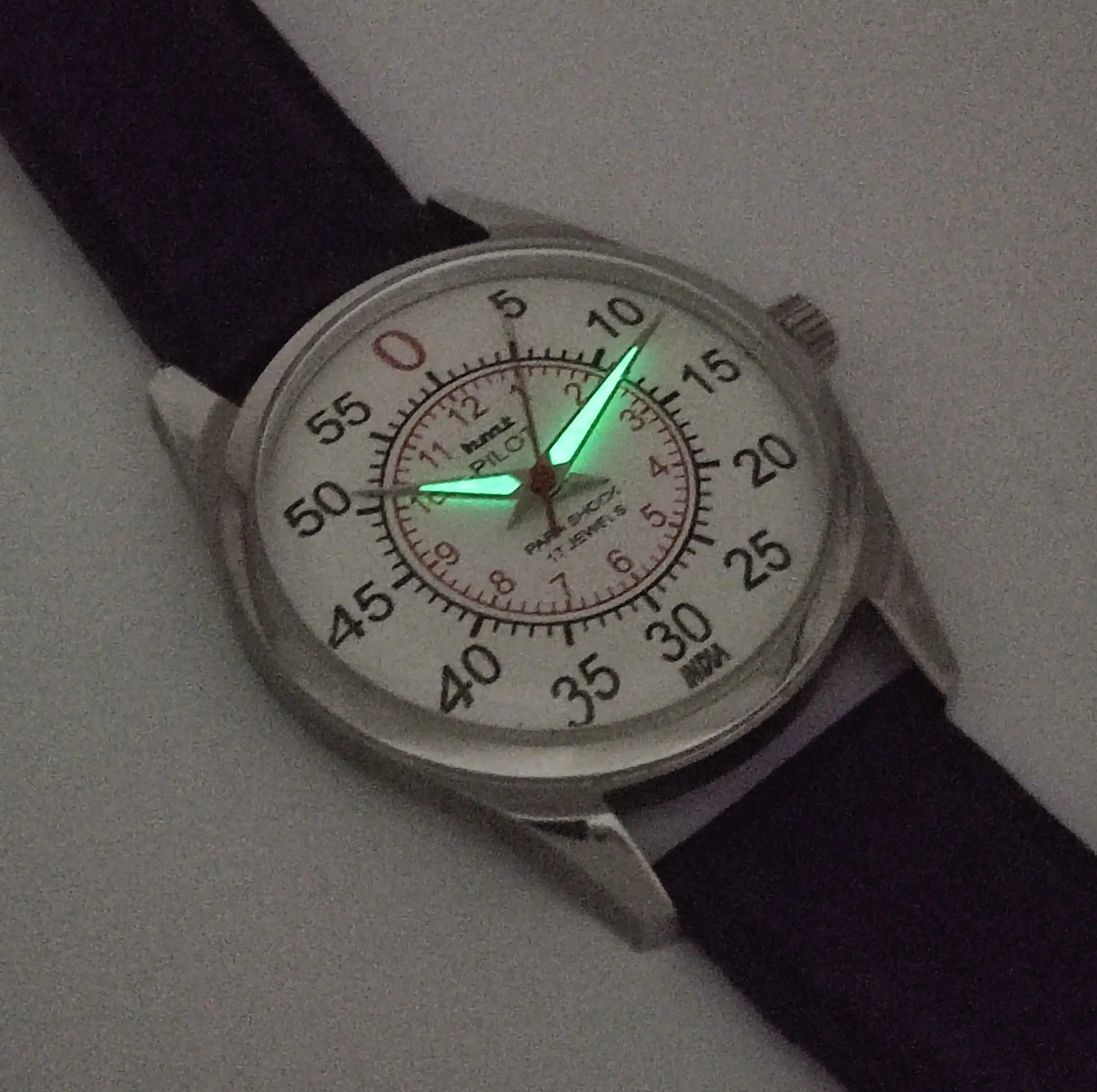 HMT Pilot Para Shock 17 Jewels Radium Hands White Dial Transparent Back Mechanical Hand winding Men's Wrist Watch