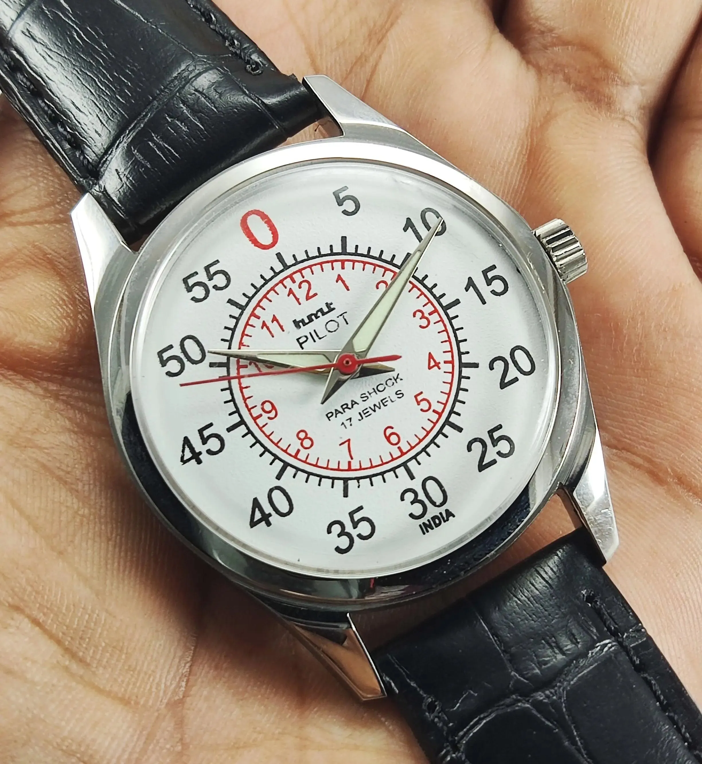 HMT Pilot Para Shock 17 Jewels Radium Hands White Dial Transparent Back Mechanical Hand winding Men's Wrist Watch