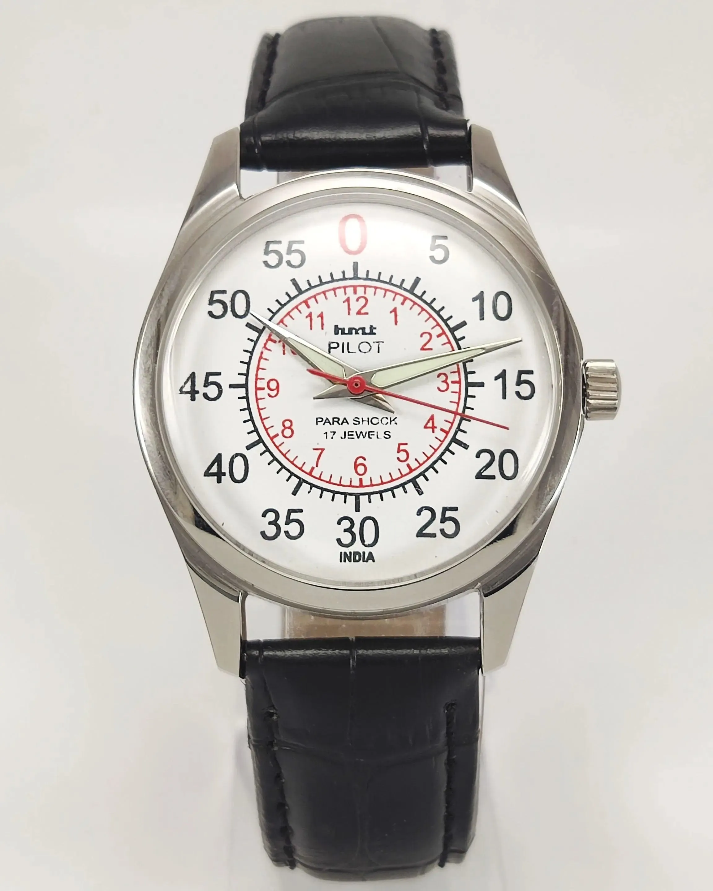 HMT Pilot Para Shock 17 Jewels Radium Hands White Dial Transparent Back Mechanical Hand winding Men's Wrist Watch