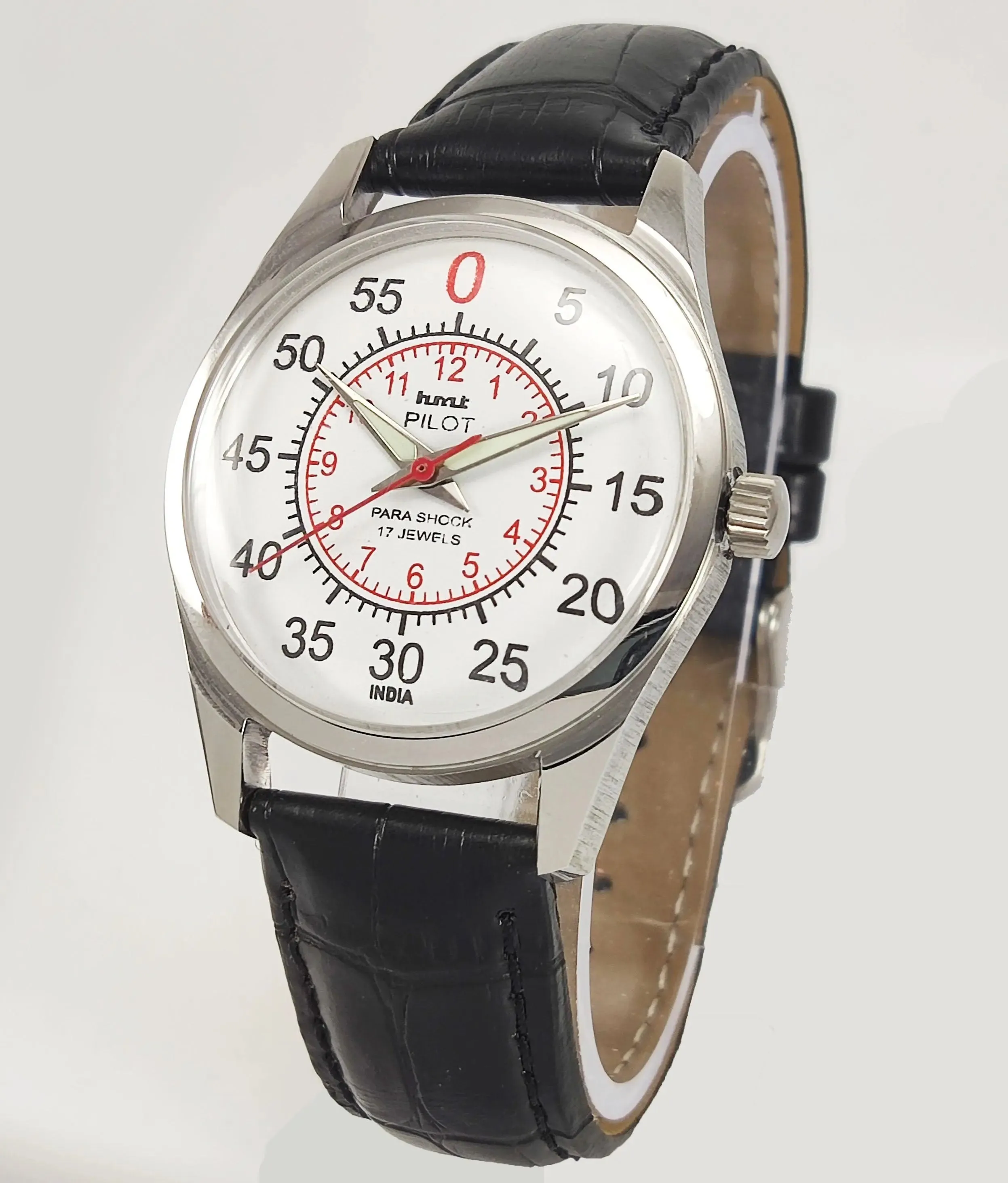 HMT Pilot Para Shock 17 Jewels Radium Hands White Dial Transparent Back Mechanical Hand winding Men's Wrist Watch
