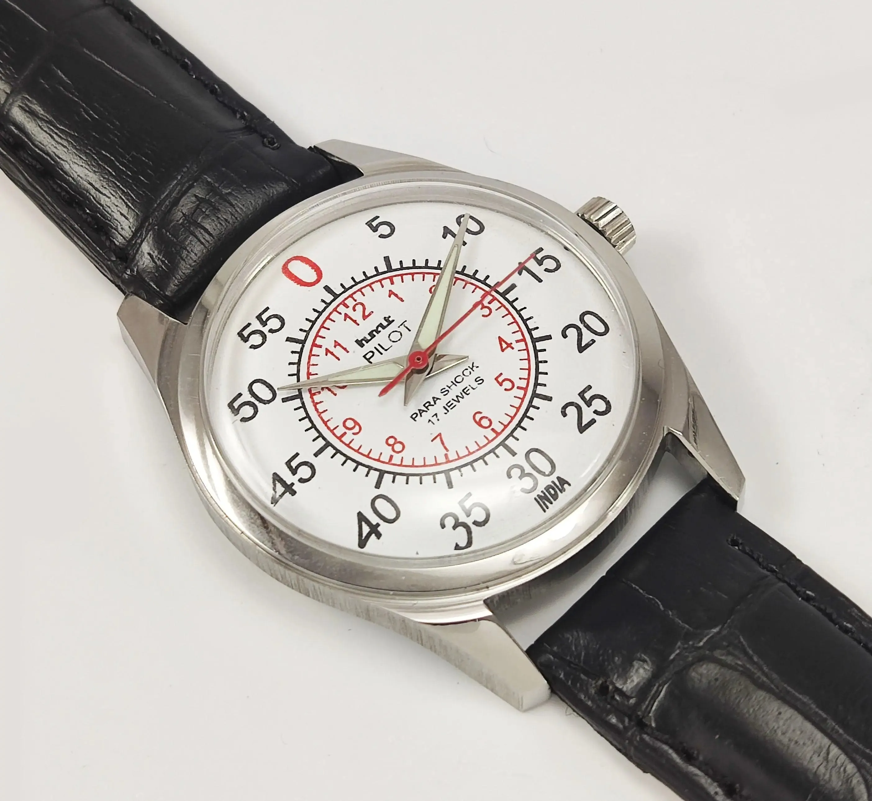 HMT Pilot Para Shock 17 Jewels Radium Hands White Dial Transparent Back Mechanical Hand winding Men's Wrist Watch