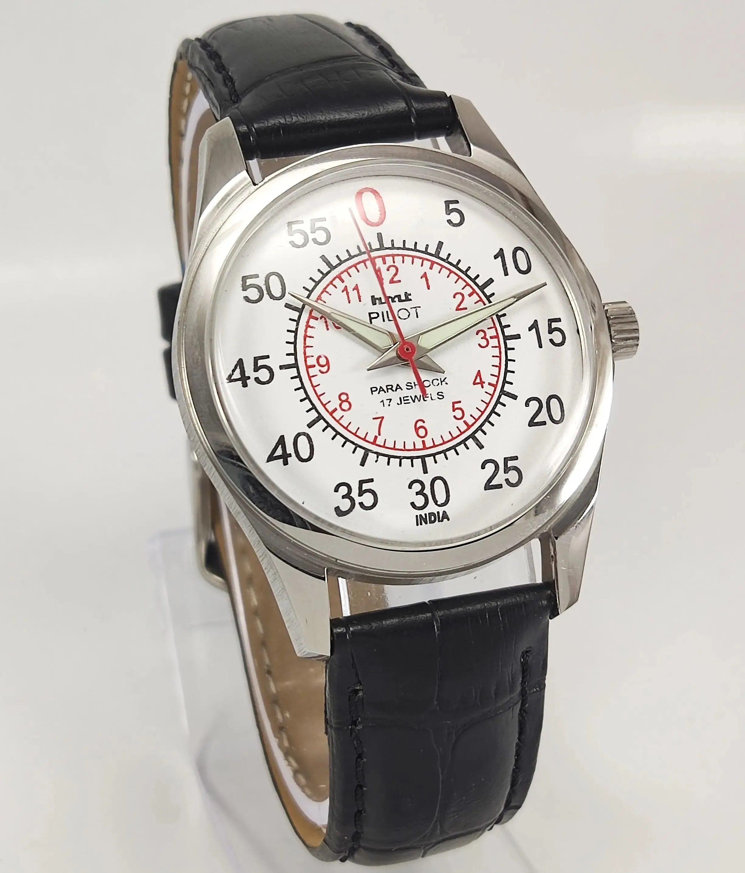 HMT Pilot Para Shock 17 Jewels Radium Hands White Dial Transparent Back Mechanical Hand winding Men's Wrist Watch