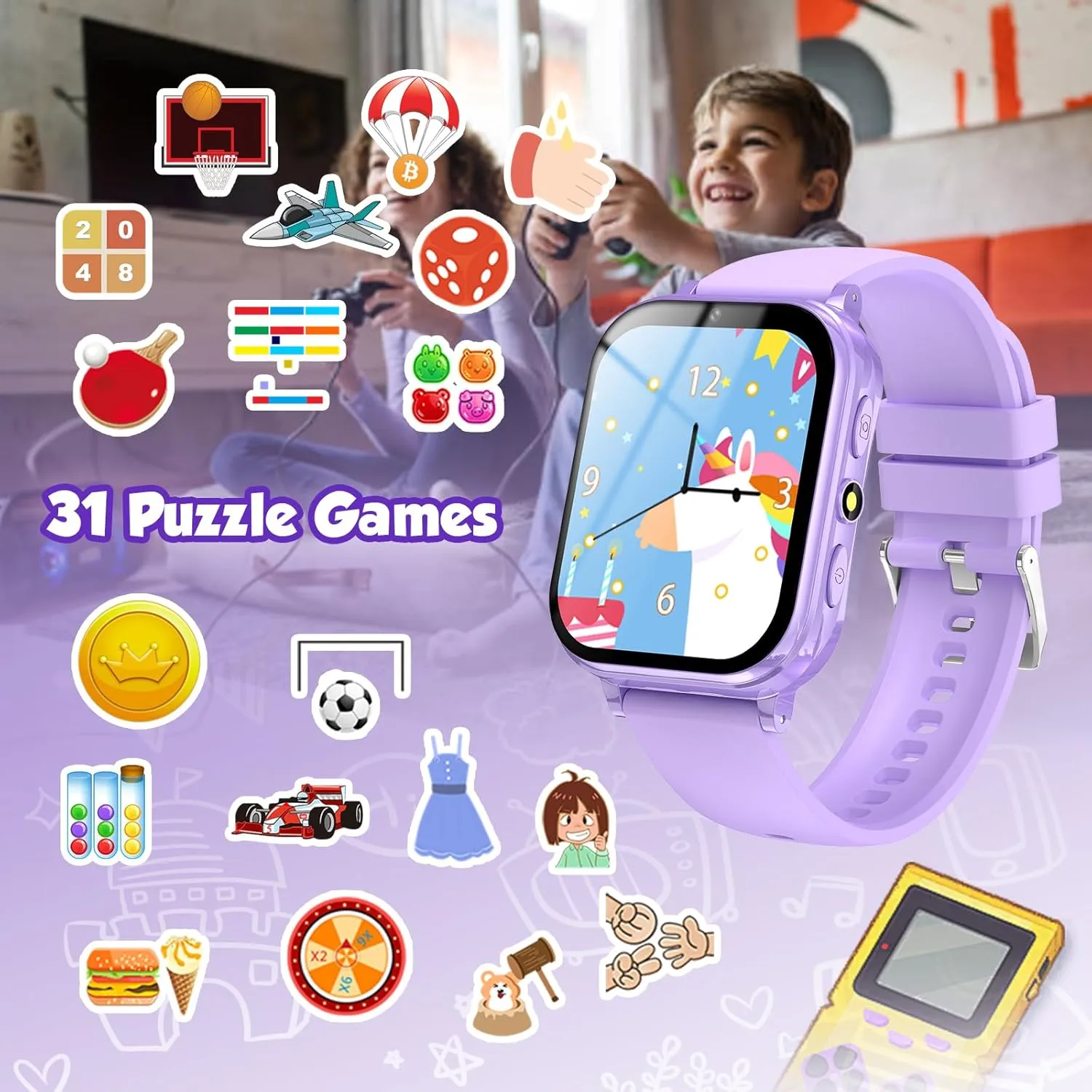 Kids Game Watch Boys Girls with Puzzle Games Music Player Camera HD Touchscreen, Kids Toys Birthday Gifts for Girls Boys Age 6-12 (Purple)