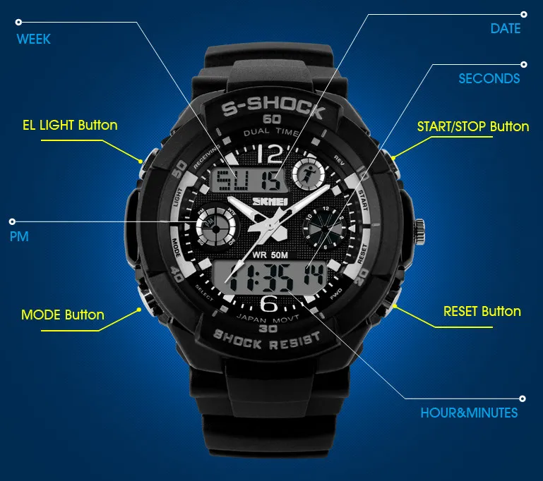 Men's Quartz Digital Watch Men Sports Watches SKMEI S Shock Relojes LED Military Waterproof Wristwatches