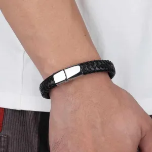 Men's Stainless Steel Black Leather Surfer Cuff Wristband/Bracelet