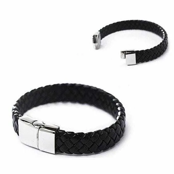 Men's Stainless Steel Black Leather Surfer Cuff Wristband/Bracelet