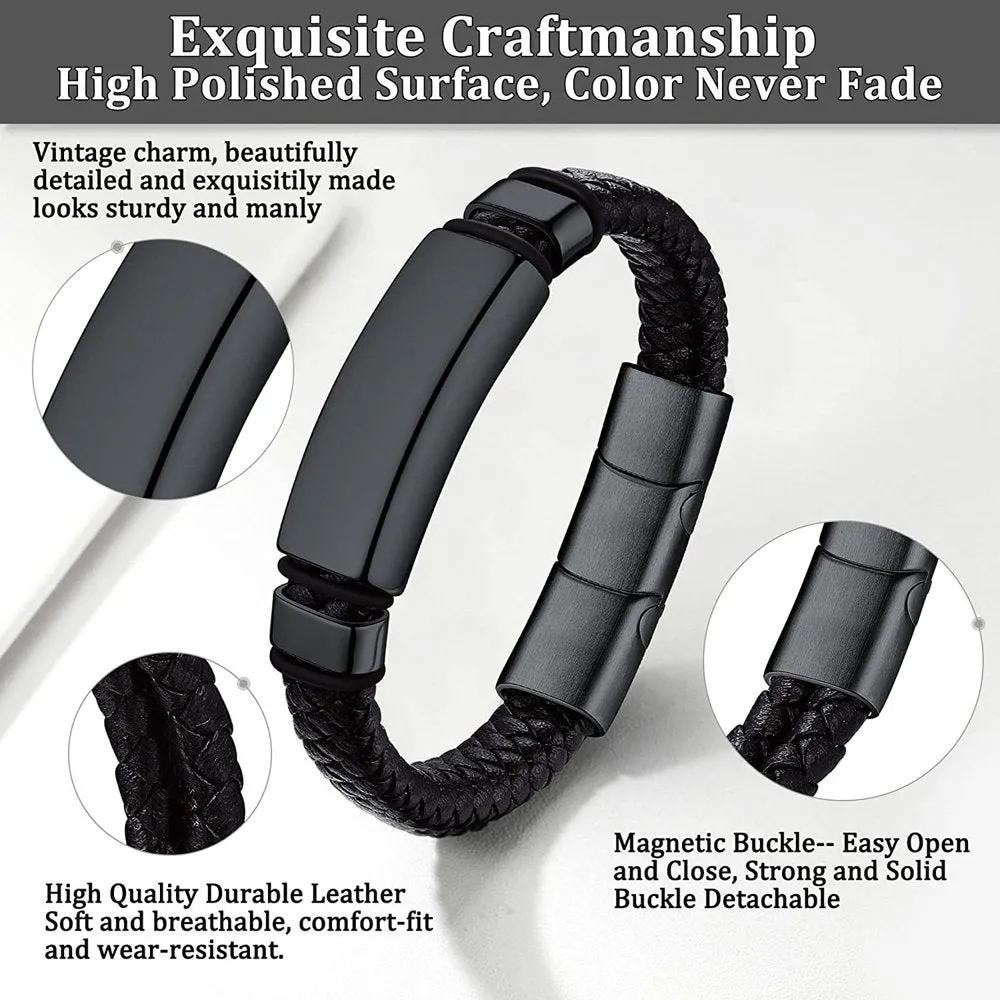 Men's Stainless Steel Braided Leather Wristband ID Tag Bracelet for Men Boys, Black