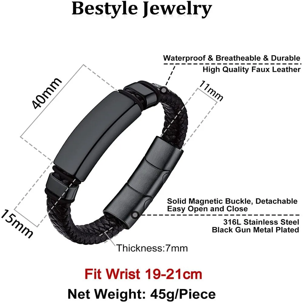 Men's Stainless Steel Braided Leather Wristband ID Tag Bracelet for Men Boys, Black