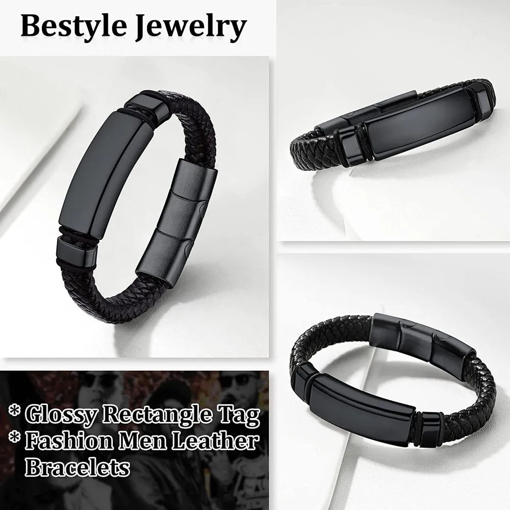 Men's Stainless Steel Braided Leather Wristband ID Tag Bracelet for Men Boys, Black