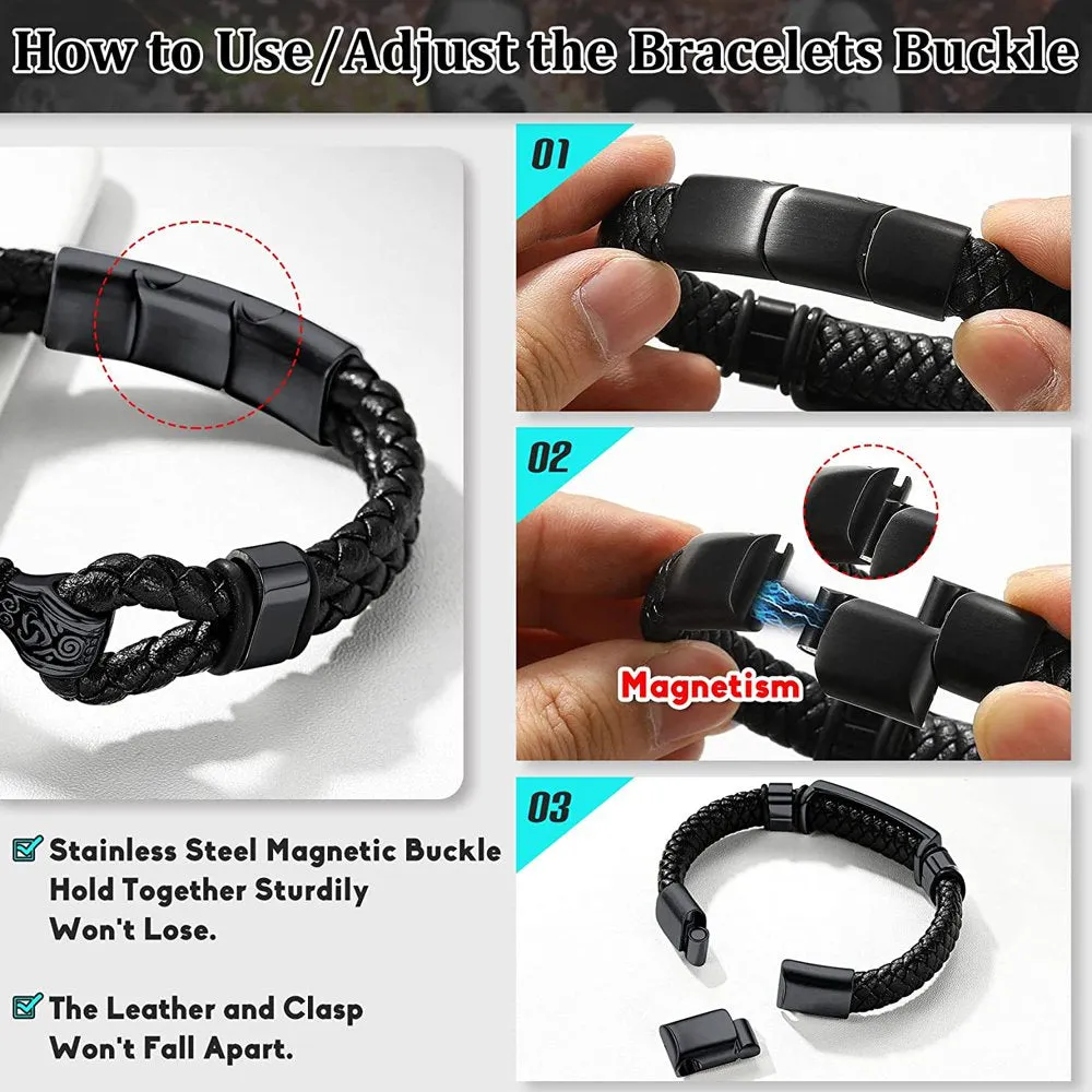 Men's Stainless Steel Braided Leather Wristband ID Tag Bracelet for Men Boys, Black