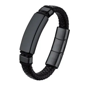 Men's Stainless Steel Braided Leather Wristband ID Tag Bracelet for Men Boys, Black