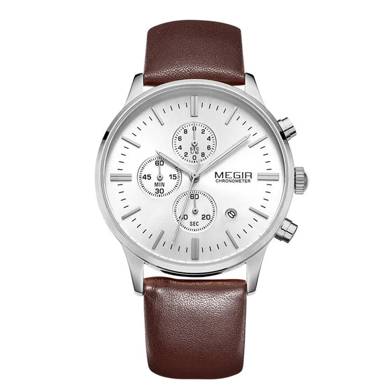 Military Watch Relogio Masculino Men Top Brand MEGIR Genuine Leather Strap Men Watches Chronograph 6 Hands Auto Function Watches