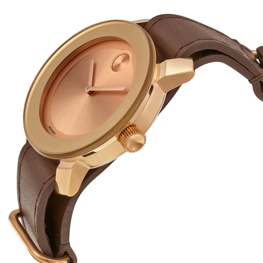 Movado Bold Rose Gold Dial Brown Leather Unisex Watch 3600364