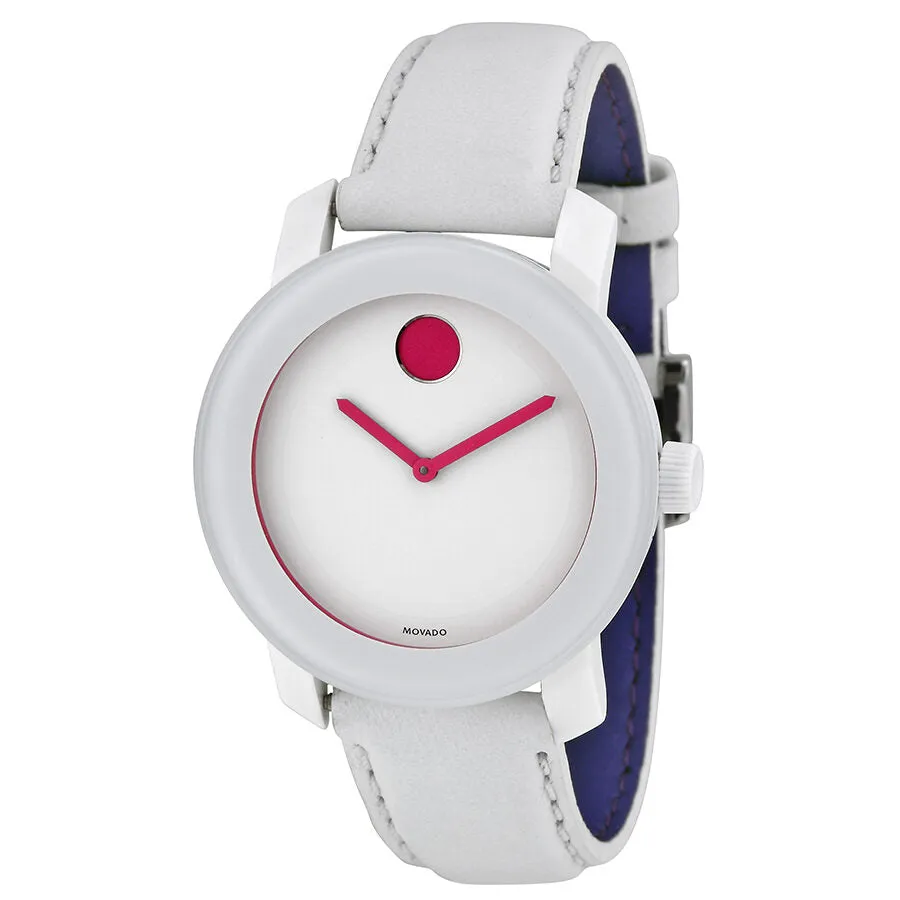 Movado Bold White Dial Pink Accents White Leather Ladies Watch 3600177