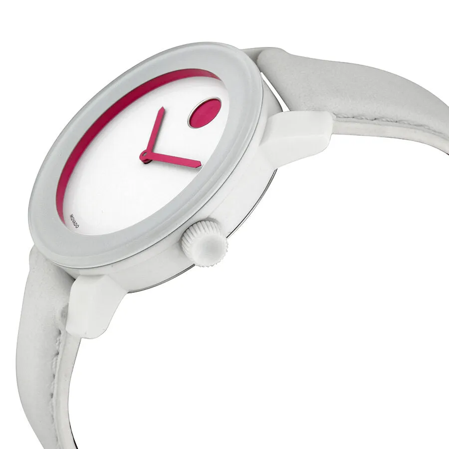 Movado Bold White Dial Pink Accents White Leather Ladies Watch 3600177