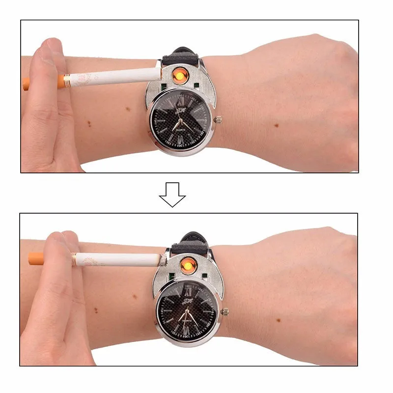 New Windproof Flameless USB Lighter Watch Electric Quartz Watches Men Women Luxury Wristwatches   Rechargeable Cigarette Lighter