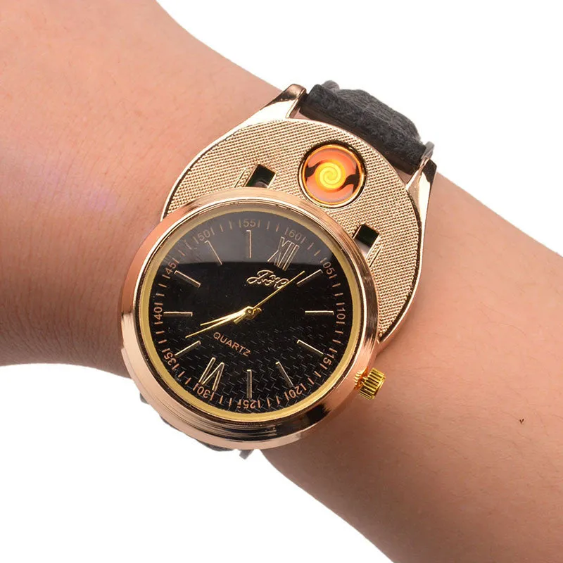 New Windproof Flameless USB Lighter Watch Electric Quartz Watches Men Women Luxury Wristwatches   Rechargeable Cigarette Lighter
