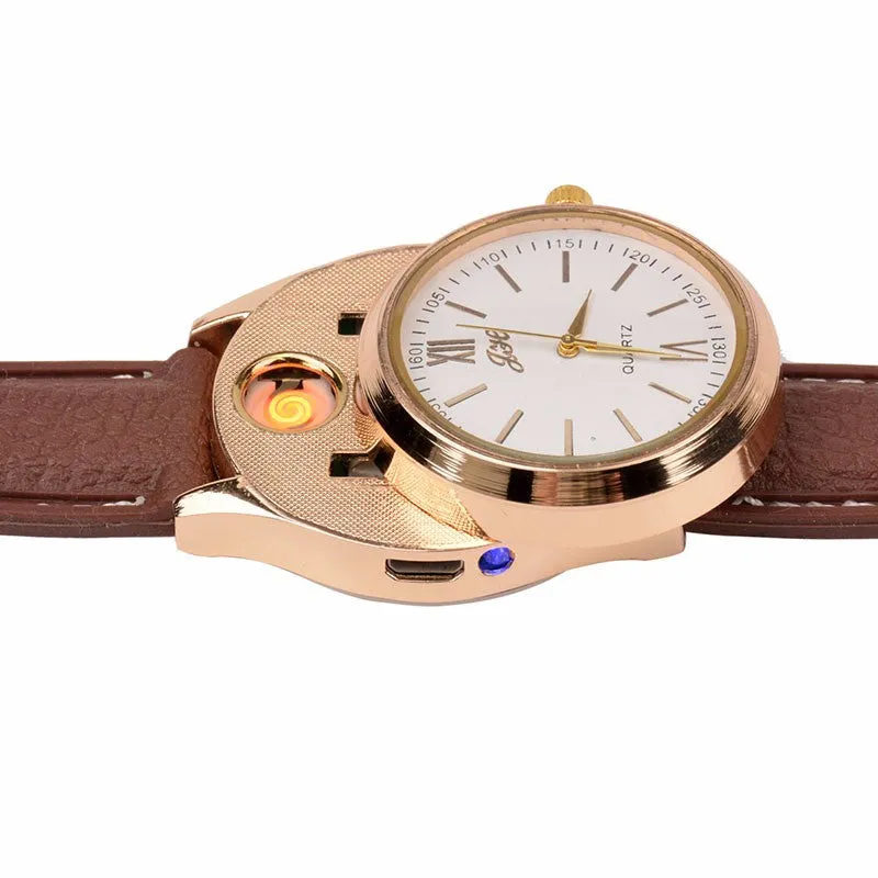 New Windproof Flameless USB Lighter Watch Electric Quartz Watches Men Women Luxury Wristwatches   Rechargeable Cigarette Lighter