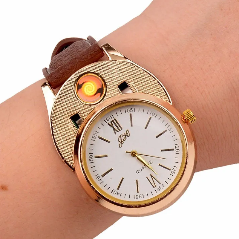 New Windproof Flameless USB Lighter Watch Electric Quartz Watches Men Women Luxury Wristwatches   Rechargeable Cigarette Lighter